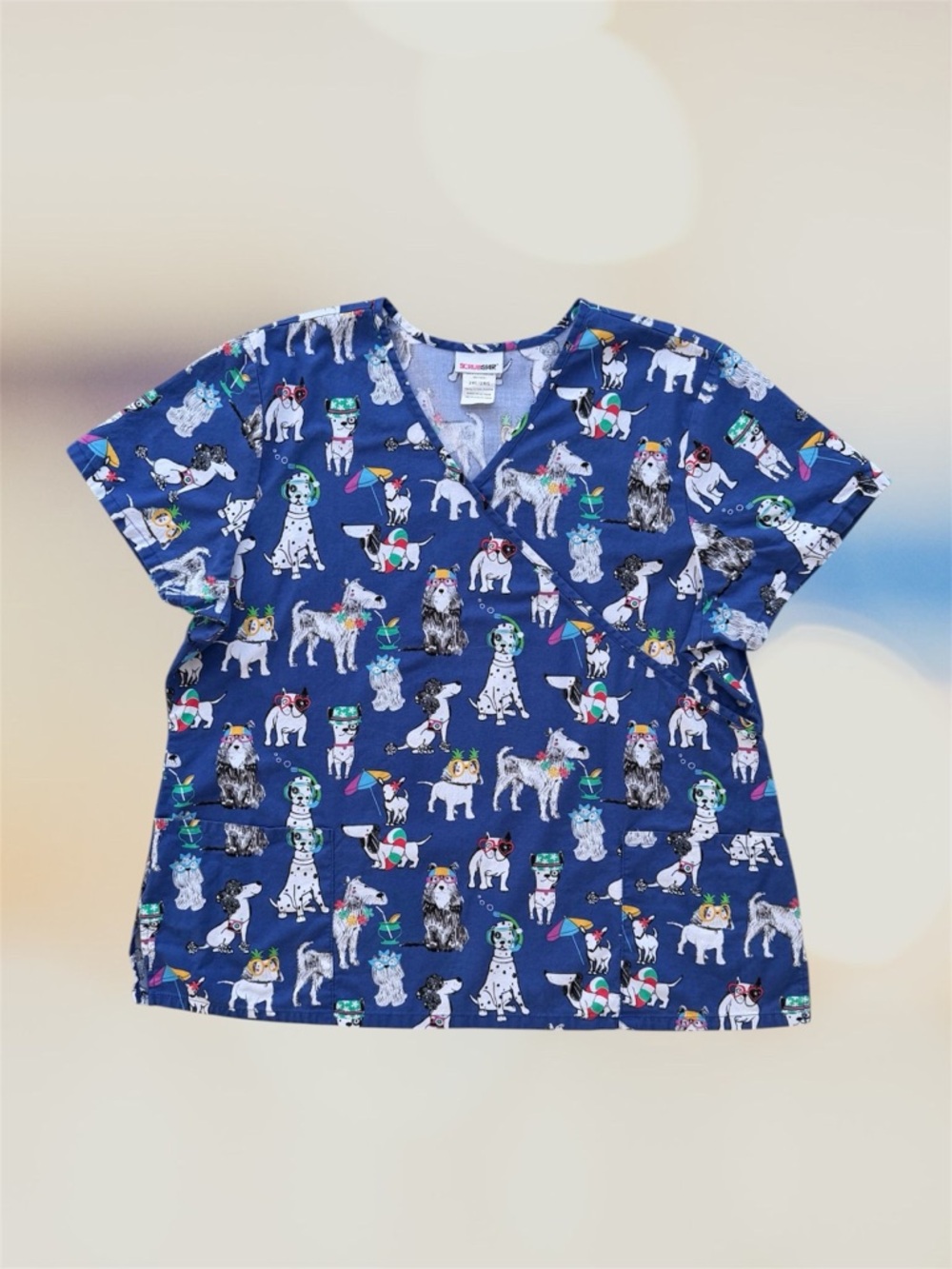 ScrubStar Blue Summer Dogs Print V-Neck Scrubs Top Medical Uniform ~ Women’s 2XL